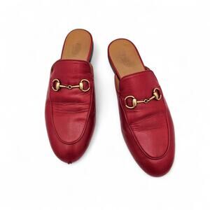Gucci Princetown Horsebit Flat Mule Slipper Red Leather Gold Size 38.5 US 8.5